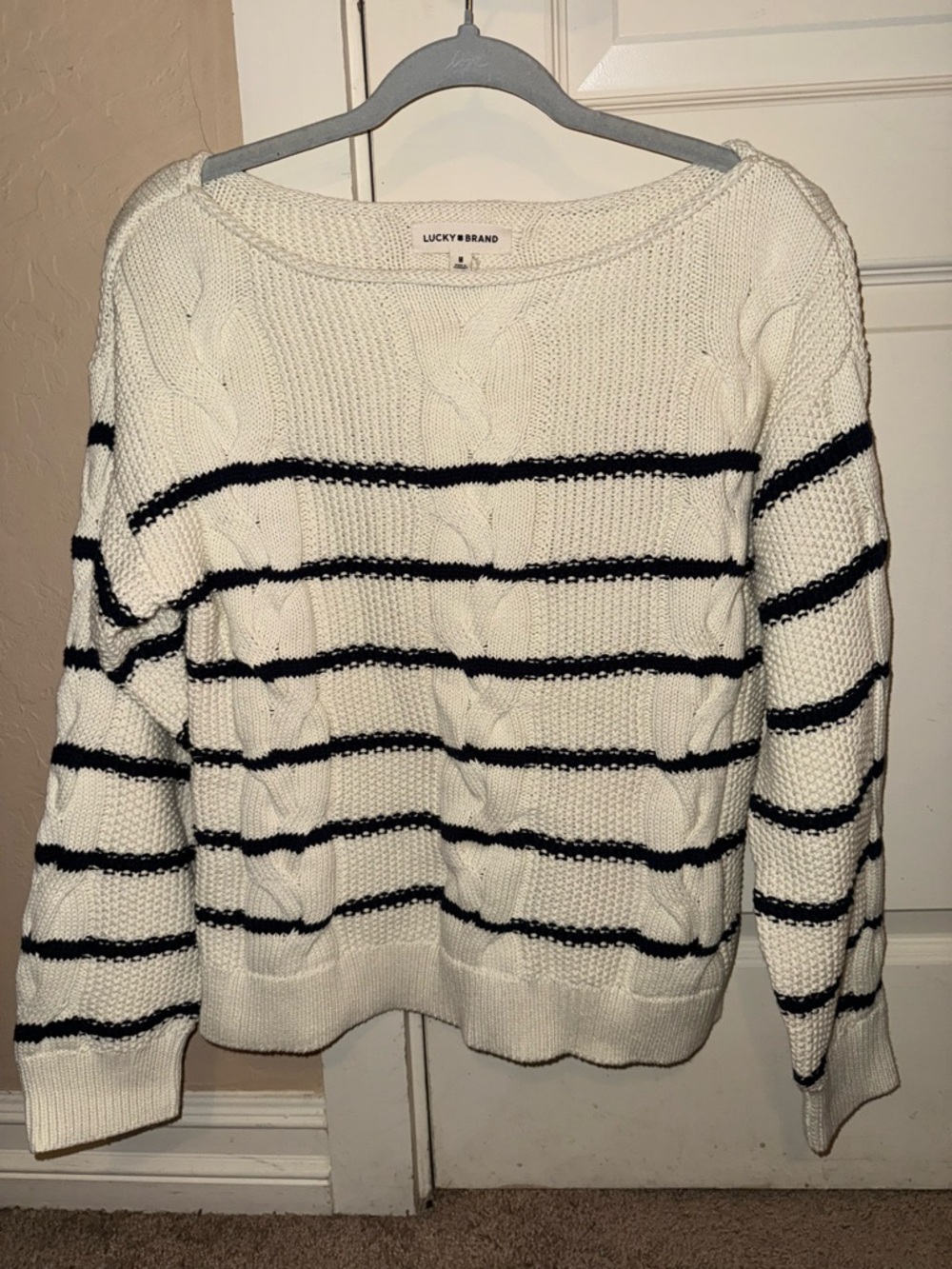 Lucky Brand Cream Cable Knit Sweater with Black Stripes